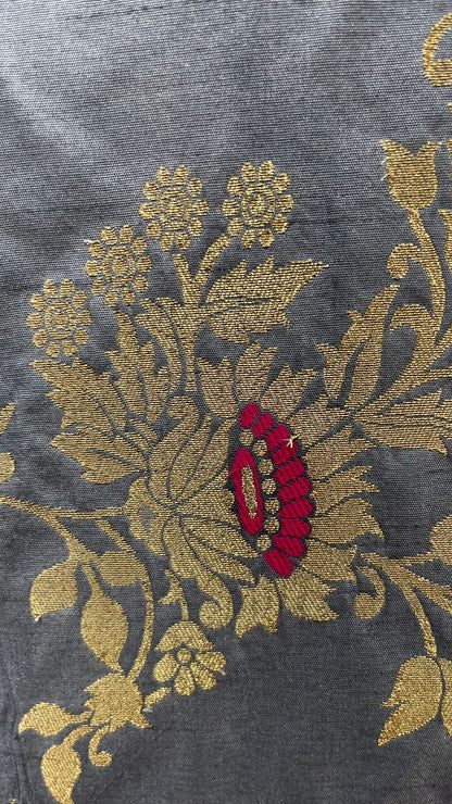Faishana Presents Grey Dupion Silk Floral Mina Zari Jaal with Contrast Orange Paithani Mina Zari Pallu Zari Border and Orange Blouse