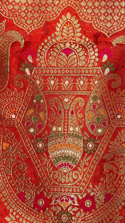 Faishana Presents Grey Dupion Silk Floral Mina Zari Jaal with Contrast Orange Paithani Mina Zari Pallu Zari Border and Orange Blouse