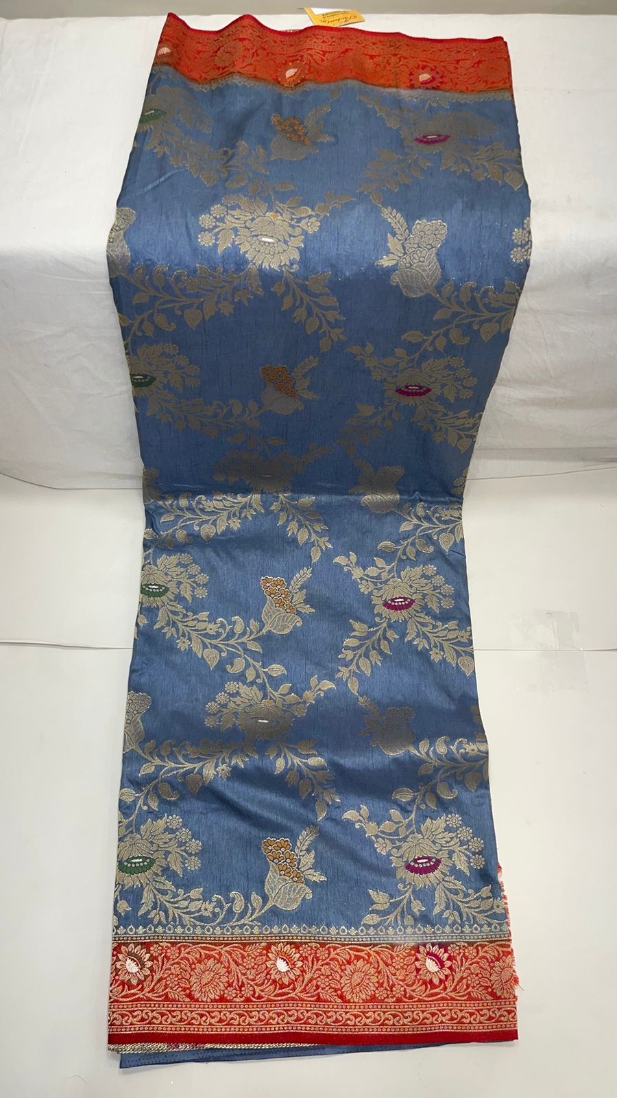 Faishana Presents Grey Dupion Silk Floral Mina Zari Jaal with Contrast Orange Paithani Mina Zari Pallu Zari Border and Orange Blouse