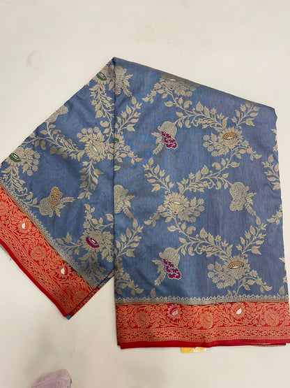 Faishana Presents Grey Dupion Silk Floral Mina Zari Jaal with Contrast Orange Paithani Mina Zari Pallu Zari Border and Orange Blouse