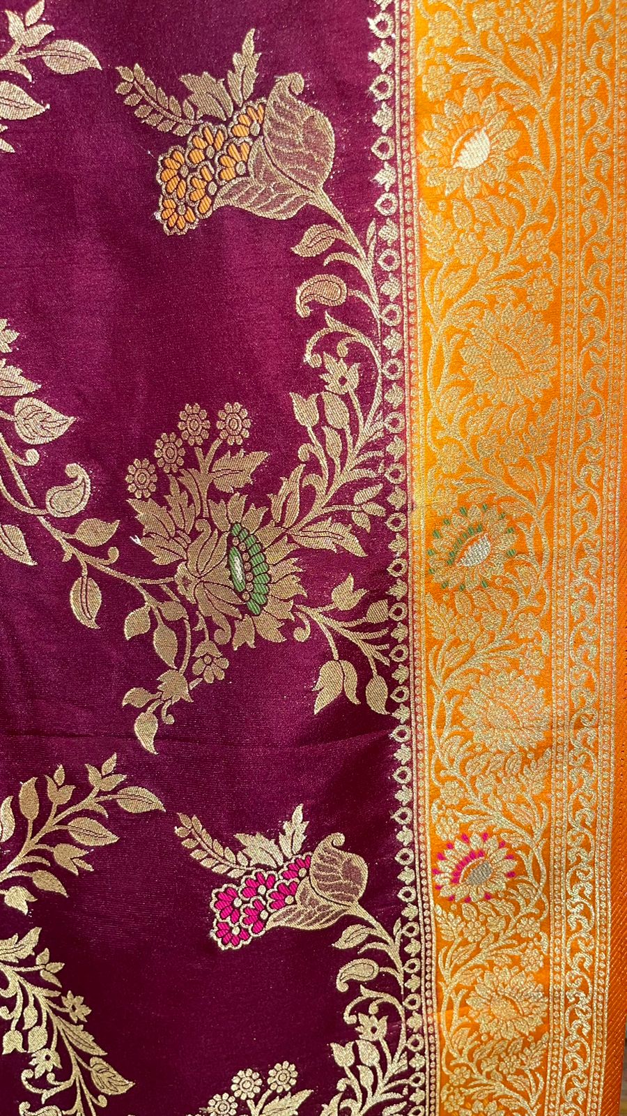 Faishana Presents Brown Dupion Silk Floral Mina Zari Jaal with Contrast Mustard Paithani Mina Zari Pallu Zari Border and Mustard Blouse