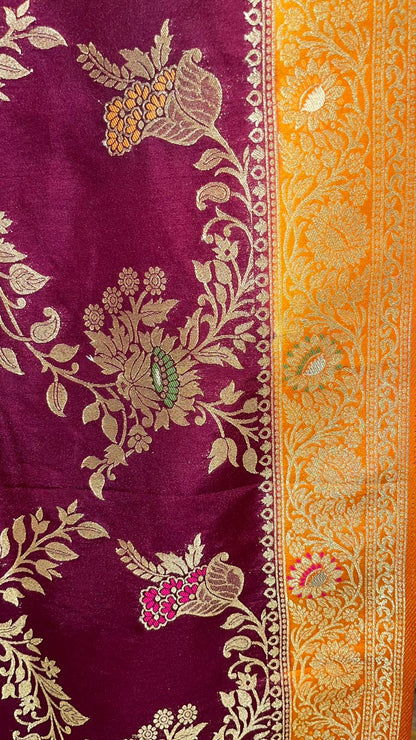 Faishana Presents Brown Dupion Silk Floral Mina Zari Jaal with Contrast Mustard Paithani Mina Zari Pallu Zari Border and Mustard Blouse