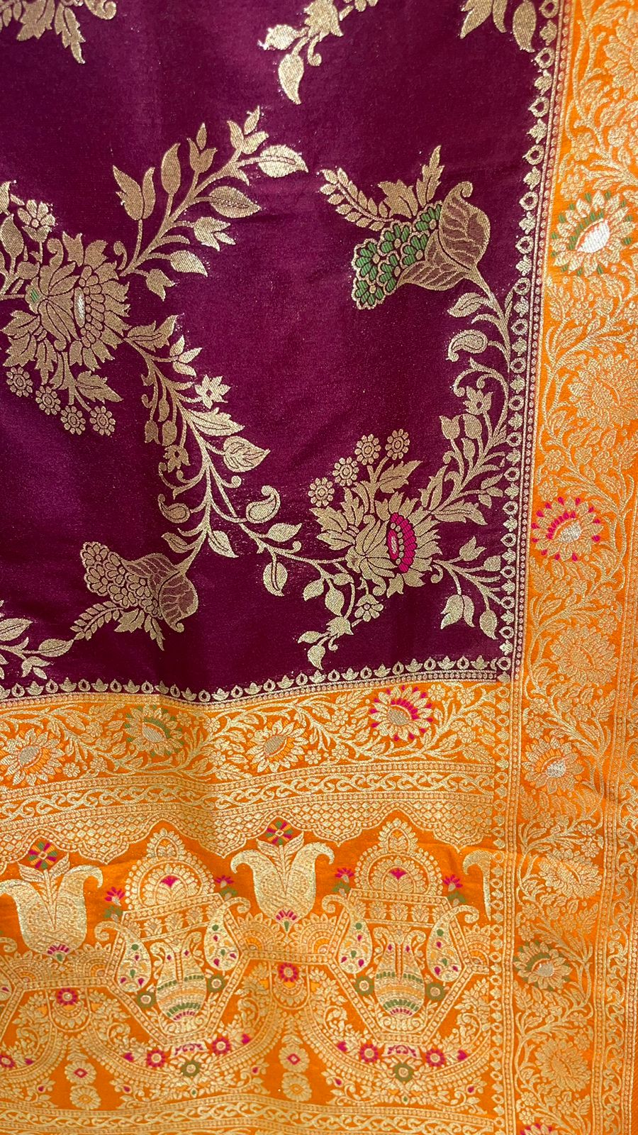 Faishana Presents Brown Dupion Silk Floral Mina Zari Jaal with Contrast Mustard Paithani Mina Zari Pallu Zari Border and Mustard Blouse