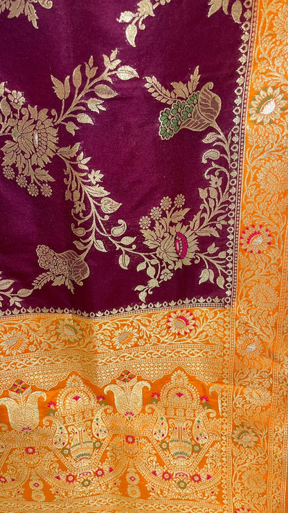 Faishana Presents Brown Dupion Silk Floral Mina Zari Jaal with Contrast Mustard Paithani Mina Zari Pallu Zari Border and Mustard Blouse