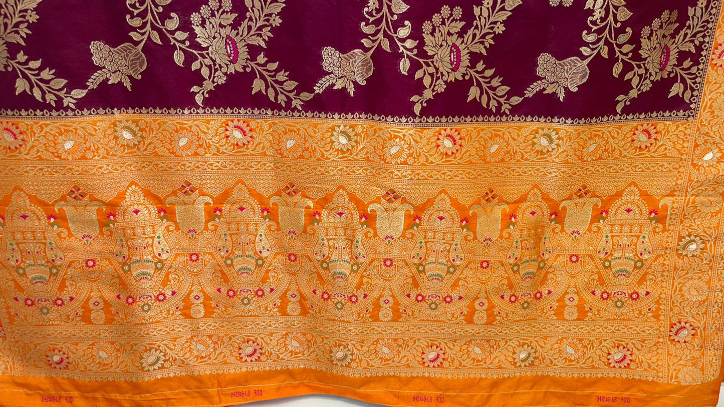 Faishana Presents Brown Dupion Silk Floral Mina Zari Jaal with Contrast Mustard Paithani Mina Zari Pallu Zari Border and Mustard Blouse