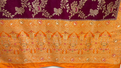 Faishana Presents Brown Dupion Silk Floral Mina Zari Jaal with Contrast Mustard Paithani Mina Zari Pallu Zari Border and Mustard Blouse