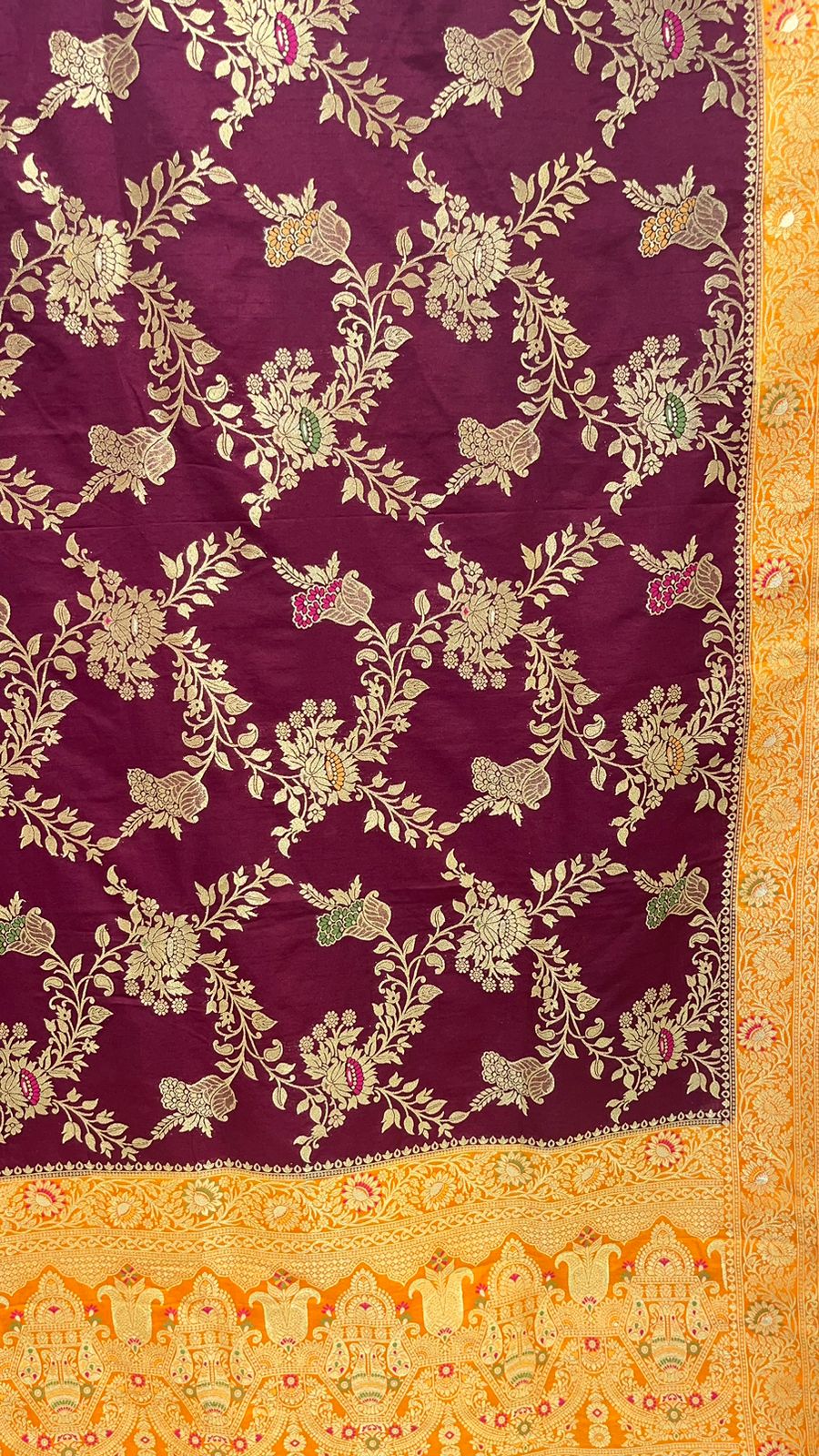 Faishana Presents Brown Dupion Silk Floral Mina Zari Jaal with Contrast Mustard Paithani Mina Zari Pallu Zari Border and Mustard Blouse