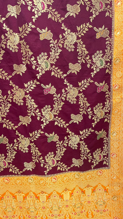 Faishana Presents Brown Dupion Silk Floral Mina Zari Jaal with Contrast Mustard Paithani Mina Zari Pallu Zari Border and Mustard Blouse