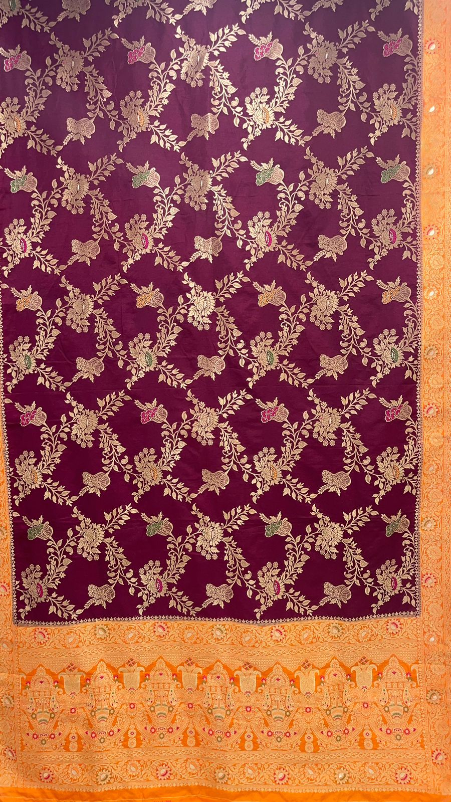 Faishana Presents Brown Dupion Silk Floral Mina Zari Jaal with Contrast Mustard Paithani Mina Zari Pallu Zari Border and Mustard Blouse