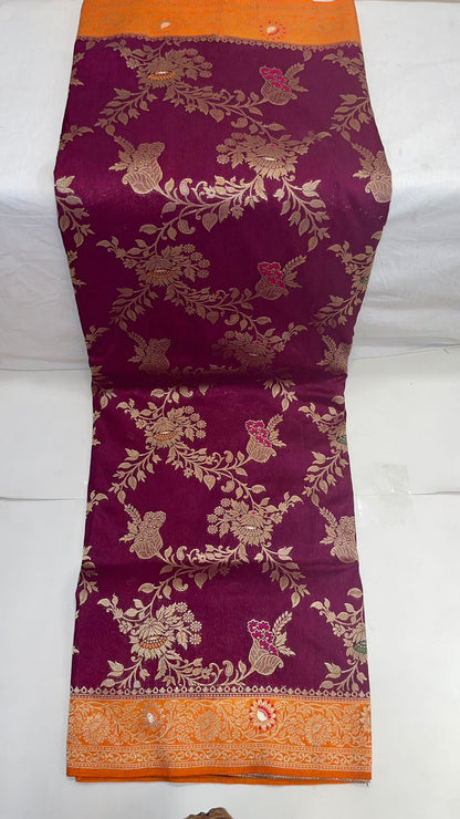 Faishana Presents Brown Dupion Silk Floral Mina Zari Jaal with Contrast Mustard Paithani Mina Zari Pallu Zari Border and Mustard Blouse