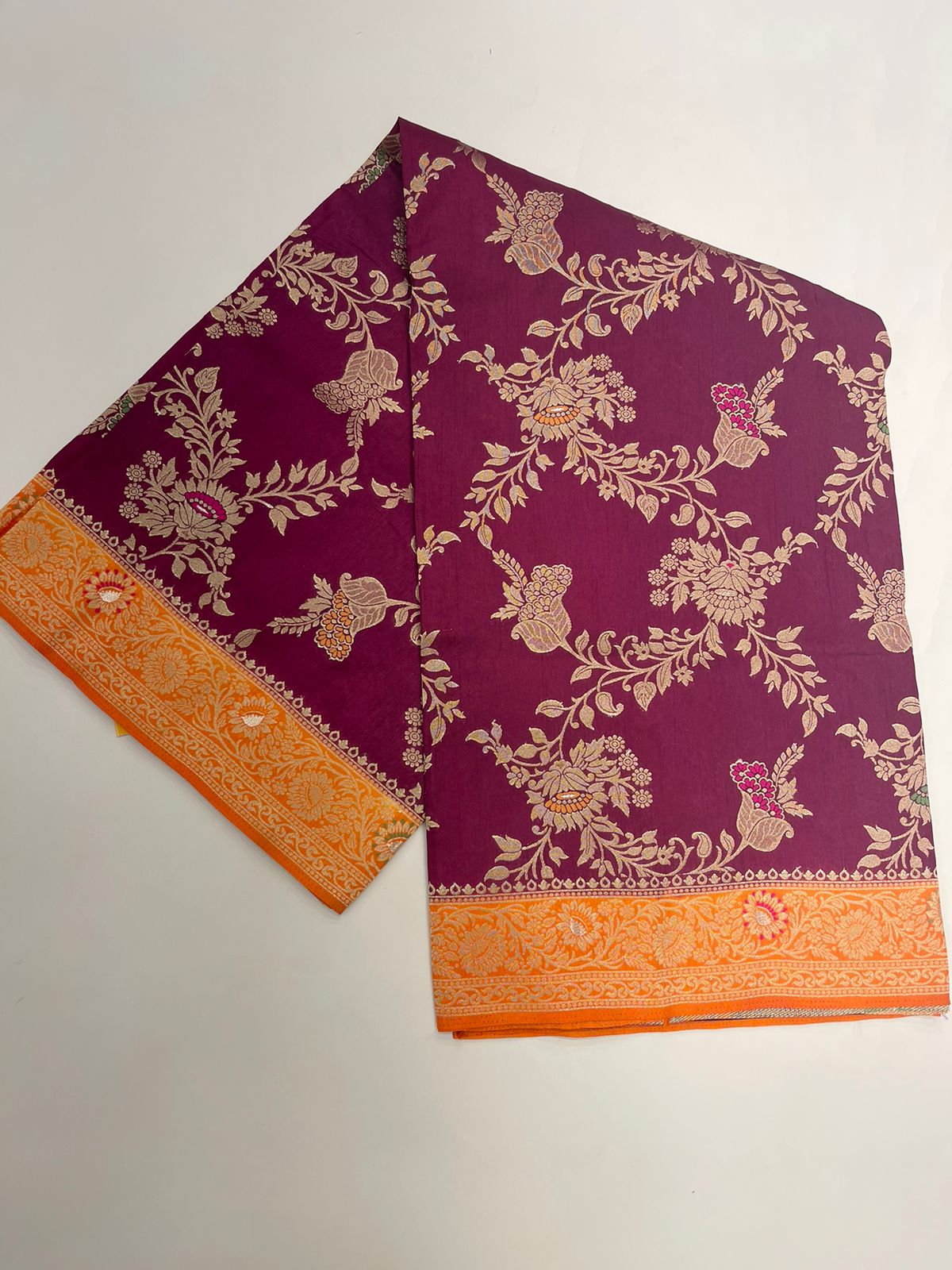 Faishana Presents Brown Dupion Silk Floral Mina Zari Jaal with Contrast Mustard Paithani Mina Zari Pallu Zari Border and Mustard Blouse