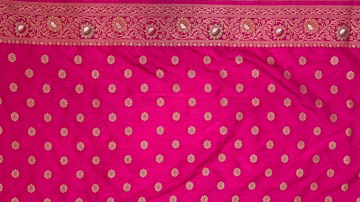 Faishana Presents Sky Blue Dupion Silk Floral Mina Zari Jaal with Contrast Magenta Paithani Mina Zari Pallu Zari Border and Magenta Blouse