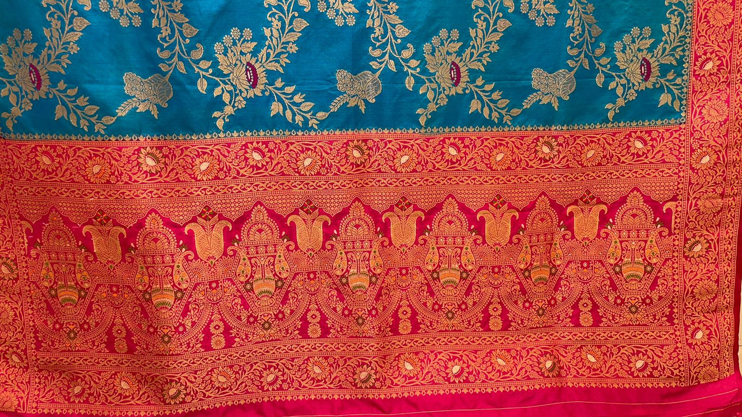 Faishana Presents Sky Blue Dupion Silk Floral Mina Zari Jaal with Contrast Magenta Paithani Mina Zari Pallu Zari Border and Magenta Blouse