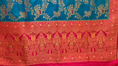 Faishana Presents Sky Blue Dupion Silk Floral Mina Zari Jaal with Contrast Magenta Paithani Mina Zari Pallu Zari Border and Magenta Blouse