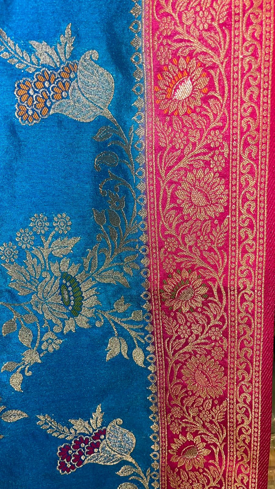 Faishana Presents Sky Blue Dupion Silk Floral Mina Zari Jaal with Contrast Magenta Paithani Mina Zari Pallu Zari Border and Magenta Blouse