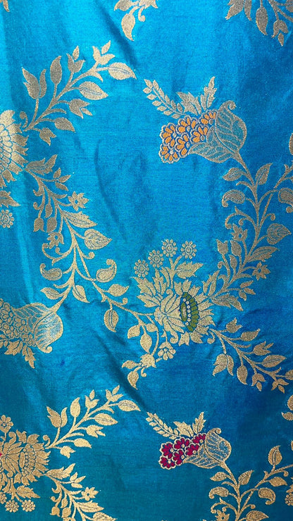 Faishana Presents Sky Blue Dupion Silk Floral Mina Zari Jaal with Contrast Magenta Paithani Mina Zari Pallu Zari Border and Magenta Blouse