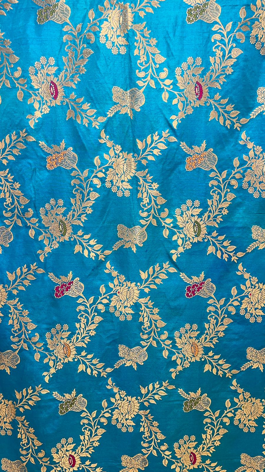 Faishana Presents Sky Blue Dupion Silk Floral Mina Zari Jaal with Contrast Magenta Paithani Mina Zari Pallu Zari Border and Magenta Blouse