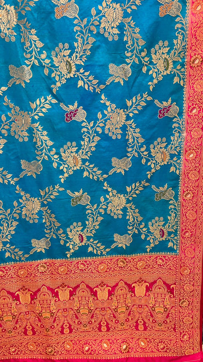 Faishana Presents Sky Blue Dupion Silk Floral Mina Zari Jaal with Contrast Magenta Paithani Mina Zari Pallu Zari Border and Magenta Blouse