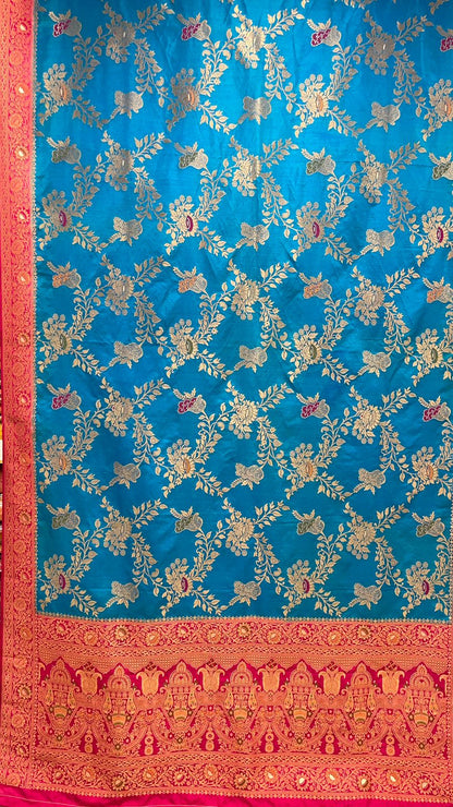 Faishana Presents Sky Blue Dupion Silk Floral Mina Zari Jaal with Contrast Magenta Paithani Mina Zari Pallu Zari Border and Magenta Blouse