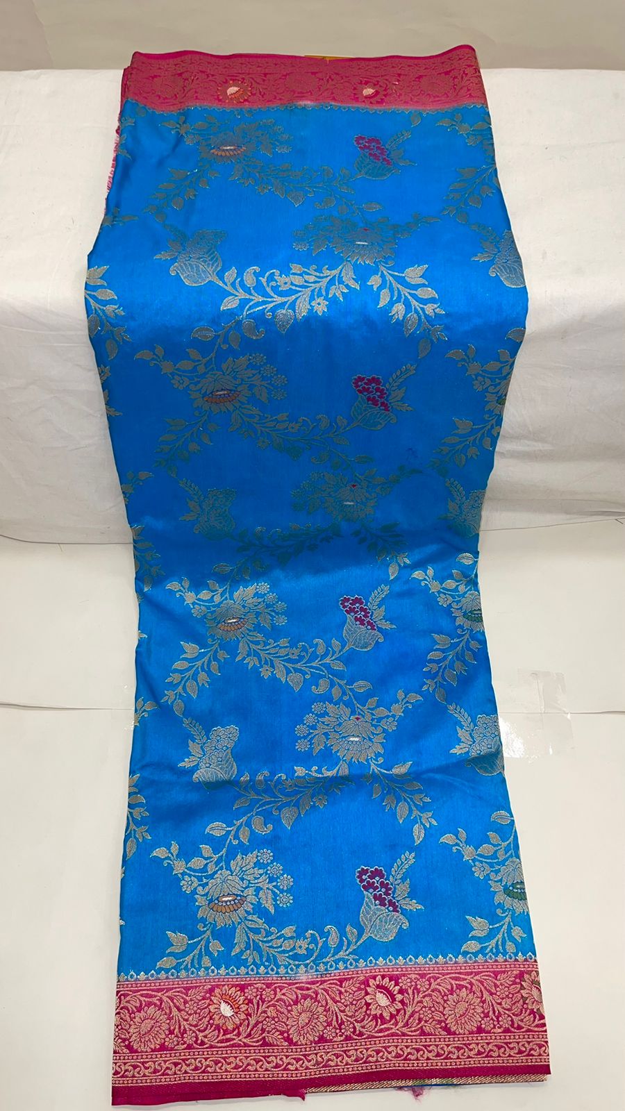 Faishana Presents Sky Blue Dupion Silk Floral Mina Zari Jaal with Contrast Magenta Paithani Mina Zari Pallu Zari Border and Magenta Blouse