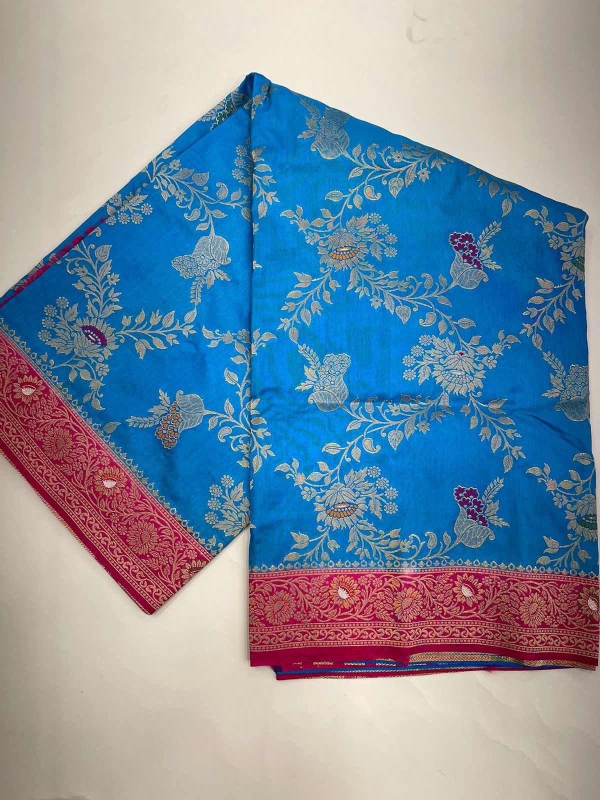 Faishana Presents Sky Blue Dupion Silk Floral Mina Zari Jaal with Contrast Magenta Paithani Mina Zari Pallu Zari Border and Magenta Blouse