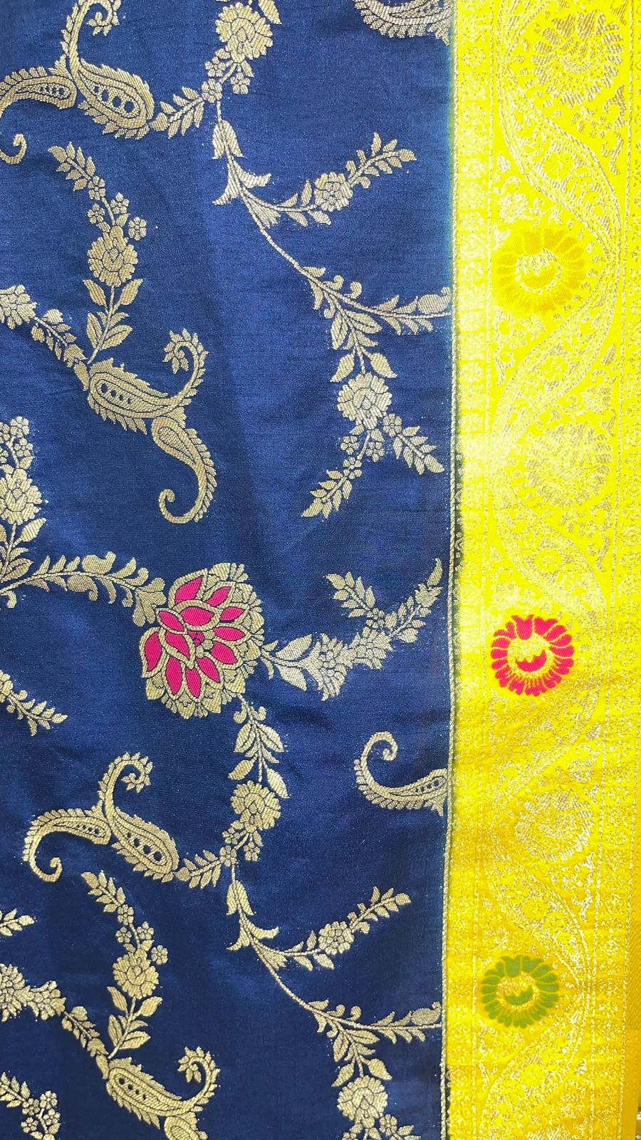 Faishana Presents Navy Blue Dupion Silk Floral Mina Zari Jaal with Contrast Yellow Paithani Mina Zari Pallu Zari Border and Yellow Blouse