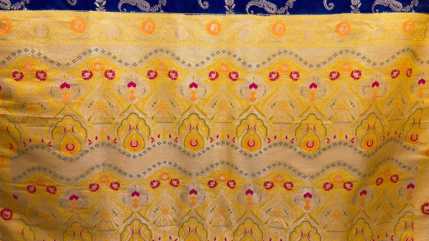 Faishana Presents Navy Blue Dupion Silk Floral Mina Zari Jaal with Contrast Yellow Paithani Mina Zari Pallu Zari Border and Yellow Blouse