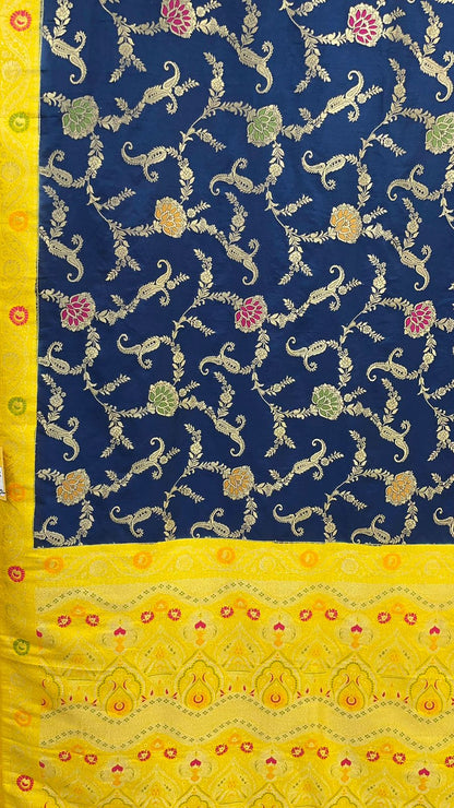 Faishana Presents Navy Blue Dupion Silk Floral Mina Zari Jaal with Contrast Yellow Paithani Mina Zari Pallu Zari Border and Yellow Blouse