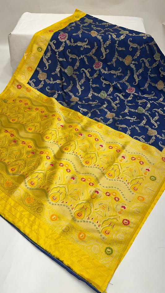Faishana Presents Navy Blue Dupion Silk Floral Mina Zari Jaal with Contrast Yellow Paithani Mina Zari Pallu Zari Border and Yellow Blouse