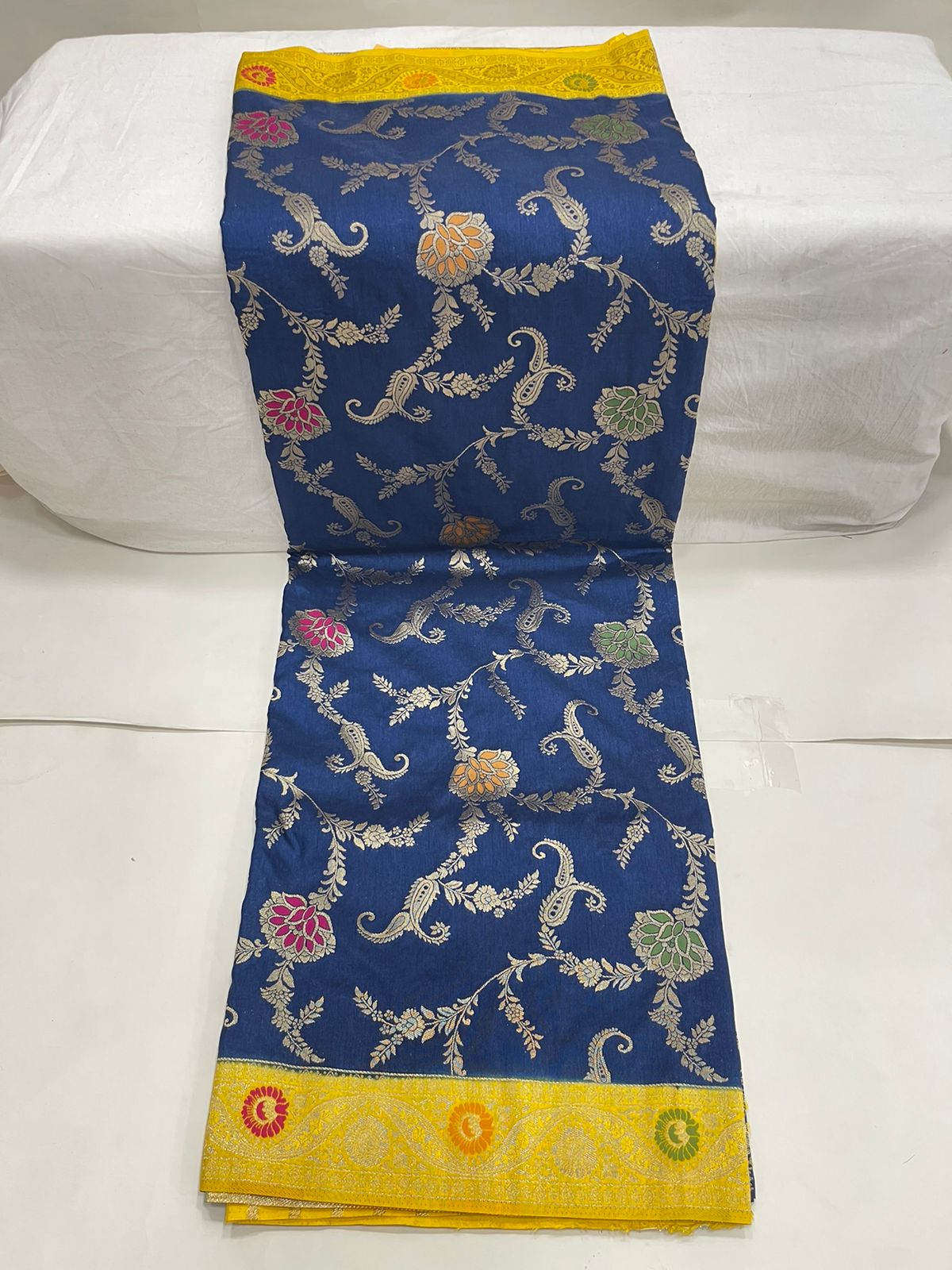 Faishana Presents Navy Blue Dupion Silk Floral Mina Zari Jaal with Contrast Yellow Paithani Mina Zari Pallu Zari Border and Yellow Blouse