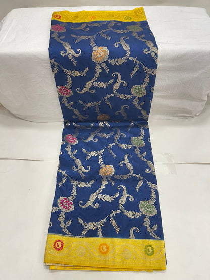 Faishana Presents Navy Blue Dupion Silk Floral Mina Zari Jaal with Contrast Yellow Paithani Mina Zari Pallu Zari Border and Yellow Blouse