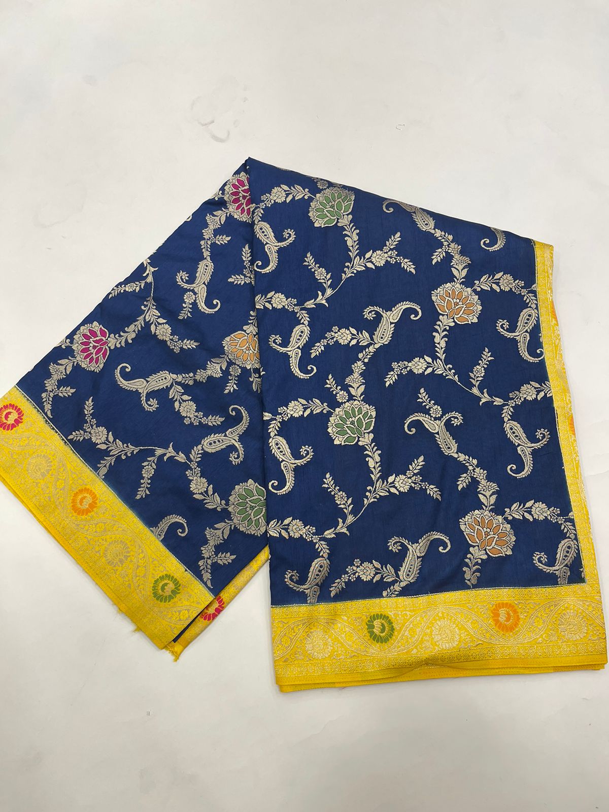 Faishana Presents Navy Blue Dupion Silk Floral Mina Zari Jaal with Contrast Yellow Paithani Mina Zari Pallu Zari Border and Yellow Blouse