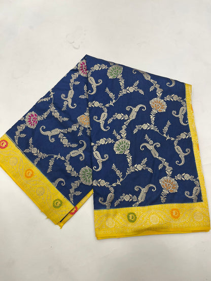 Faishana Presents Navy Blue Dupion Silk Floral Mina Zari Jaal with Contrast Yellow Paithani Mina Zari Pallu Zari Border and Yellow Blouse