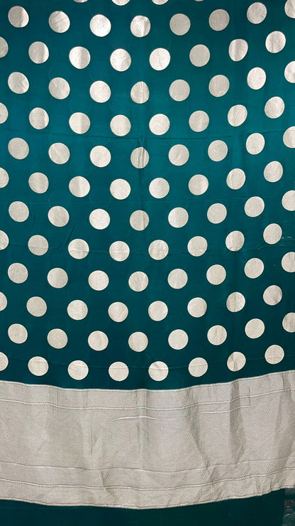 Faishana Presents Dark Green Katan Georgette Polka Dot Zari Boota with Banarasi Pallu Zari Border and Dark Green Blouse