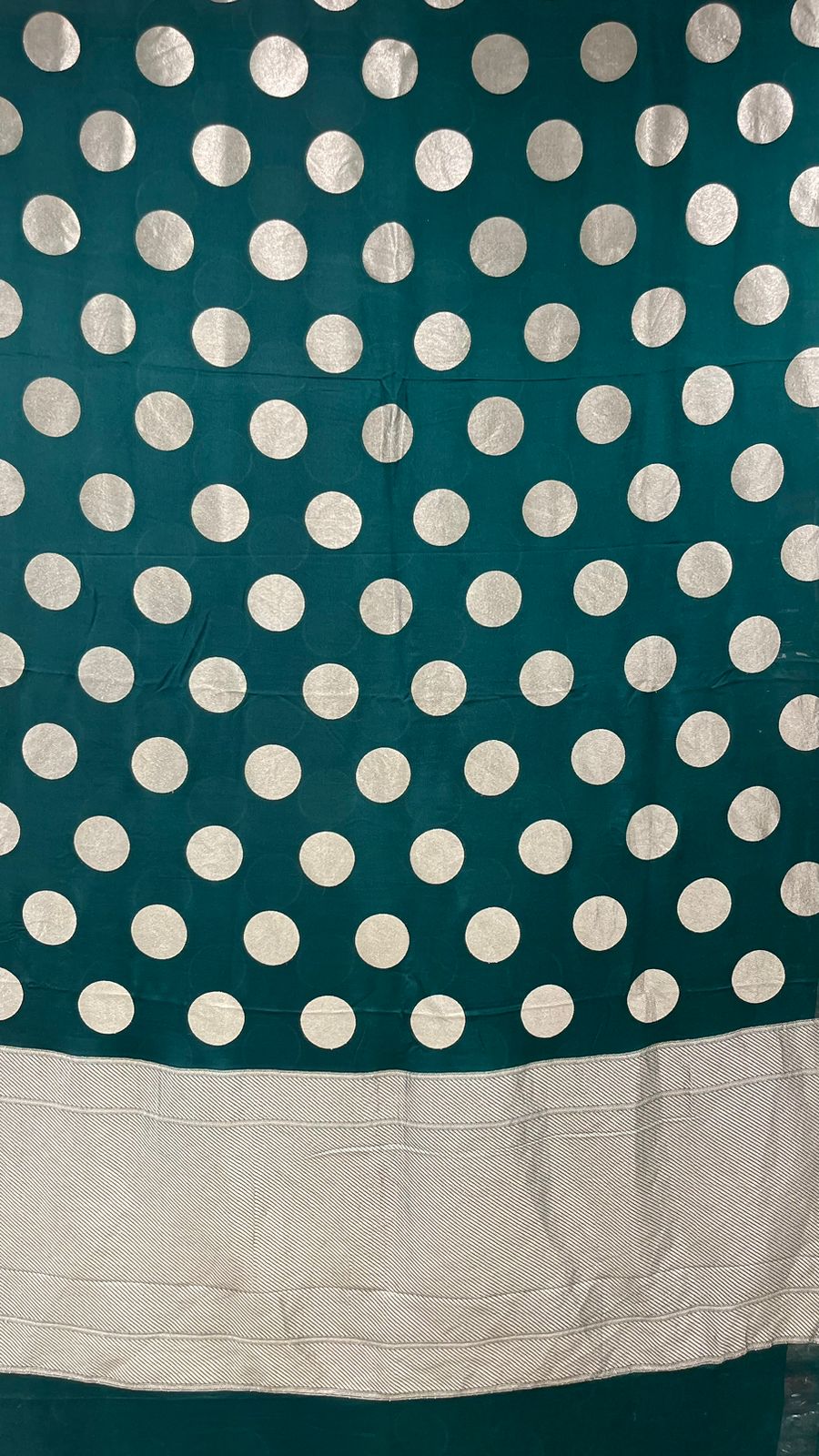 Faishana Presents Dark Green Katan Georgette Polka Dot Zari Boota with Banarasi Pallu Zari Border and Dark Green Blouse