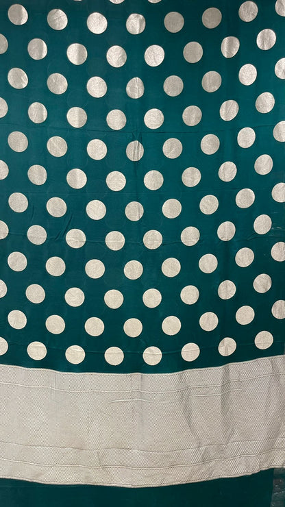 Faishana Presents Dark Green Katan Georgette Polka Dot Zari Boota with Banarasi Pallu Zari Border and Dark Green Blouse