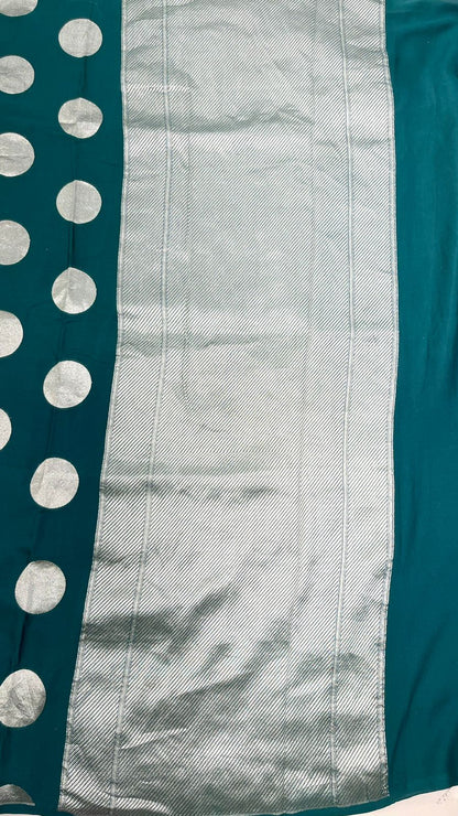 Faishana Presents Dark Green Katan Georgette Polka Dot Zari Boota with Banarasi Pallu Zari Border and Dark Green Blouse