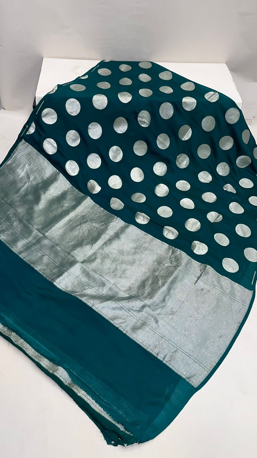 Faishana Presents Dark Green Katan Georgette Polka Dot Zari Boota with Banarasi Pallu Zari Border and Dark Green Blouse