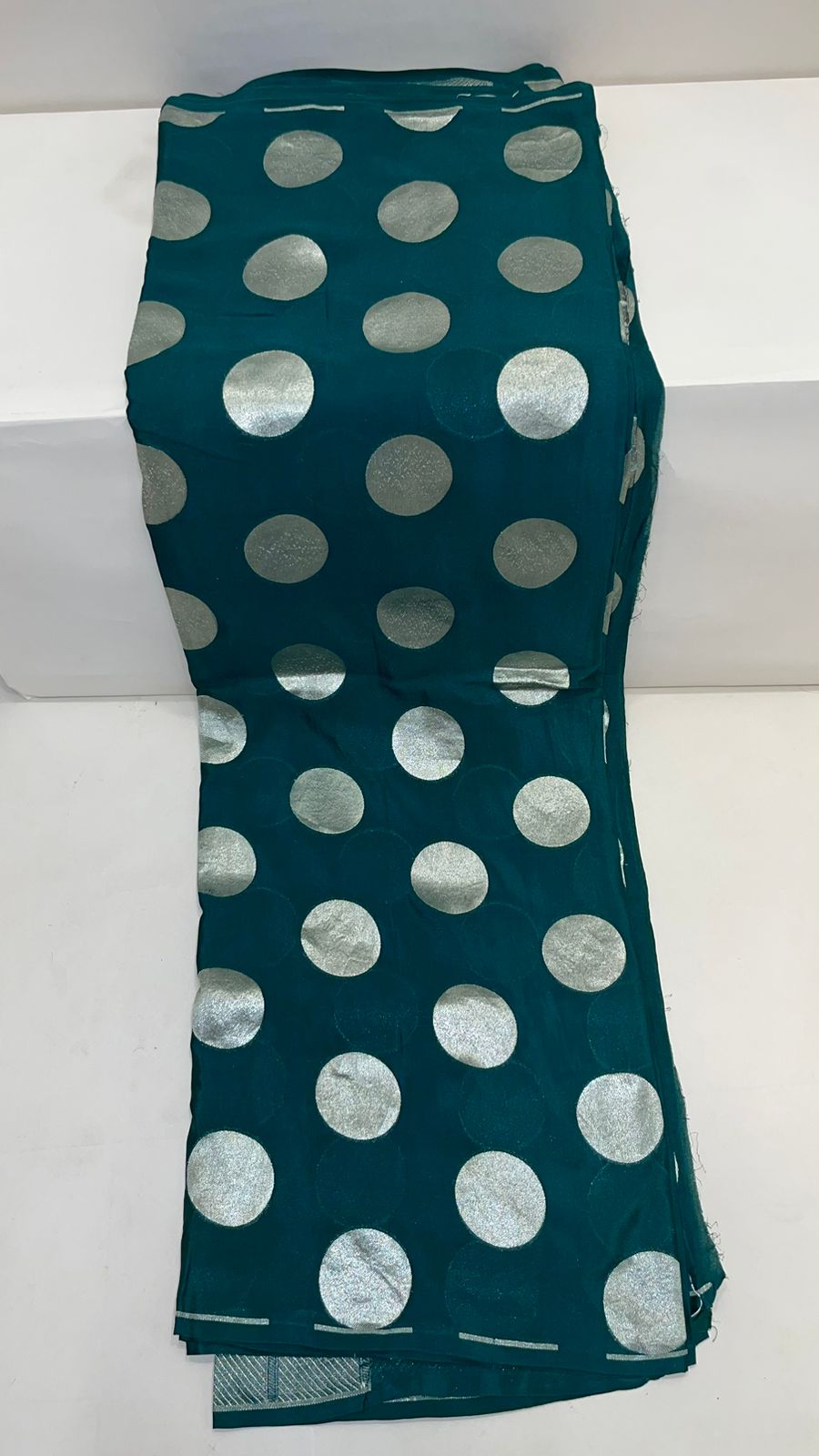 Faishana Presents Dark Green Katan Georgette Polka Dot Zari Boota with Banarasi Pallu Zari Border and Dark Green Blouse