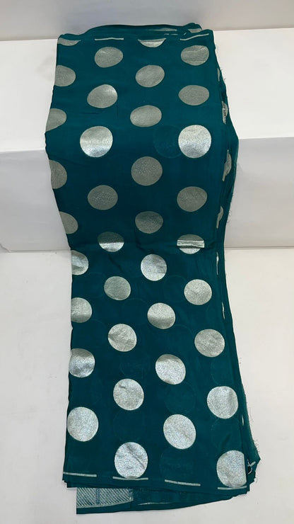 Faishana Presents Dark Green Katan Georgette Polka Dot Zari Boota with Banarasi Pallu Zari Border and Dark Green Blouse