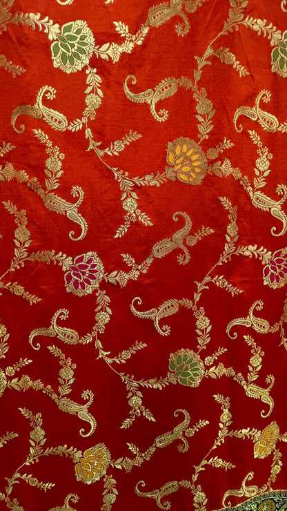 Faishana Presents Red Dupion Silk Floral Mina Zari Jaal with Contrast Black Paithani Mina Zari Pallu Zari Border and Black Blouse