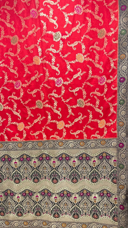 Faishana Presents Red Dupion Silk Floral Mina Zari Jaal with Contrast Black Paithani Mina Zari Pallu Zari Border and Black Blouse