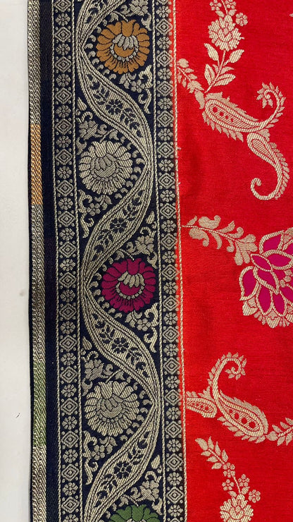 Faishana Presents Red Dupion Silk Floral Mina Zari Jaal with Contrast Black Paithani Mina Zari Pallu Zari Border and Black Blouse