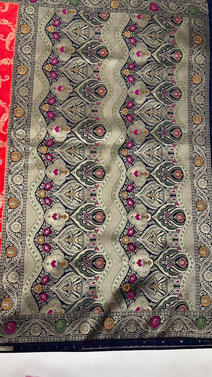 Faishana Presents Red Dupion Silk Floral Mina Zari Jaal with Contrast Black Paithani Mina Zari Pallu Zari Border and Black Blouse