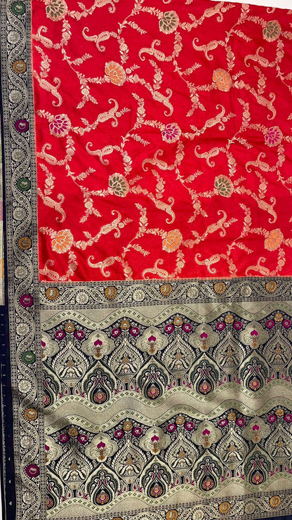 Faishana Presents Red Dupion Silk Floral Mina Zari Jaal with Contrast Black Paithani Mina Zari Pallu Zari Border and Black Blouse
