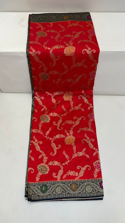 Faishana Presents Red Dupion Silk Floral Mina Zari Jaal with Contrast Black Paithani Mina Zari Pallu Zari Border and Black Blouse