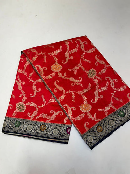 Faishana Presents Red Dupion Silk Floral Mina Zari Jaal with Contrast Black Paithani Mina Zari Pallu Zari Border and Black Blouse