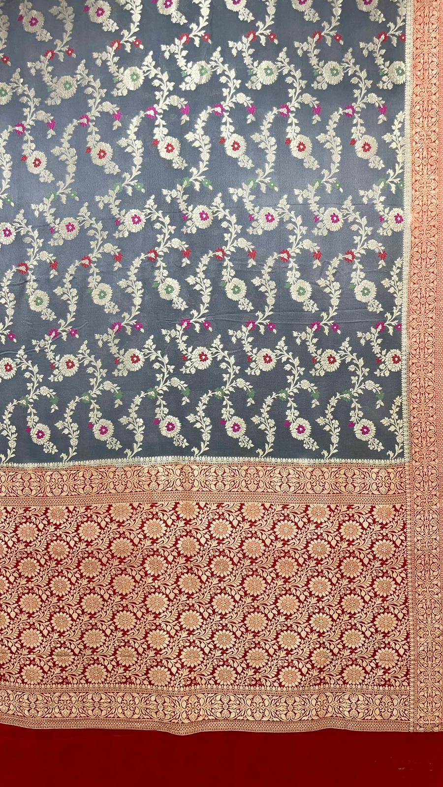 Faishana Presents Grey Khaddi Georgette Floral Minakari Zari Jaal with Contrast Red Banarasi Floral Jaal Pallu Zari Border and Green Blouse