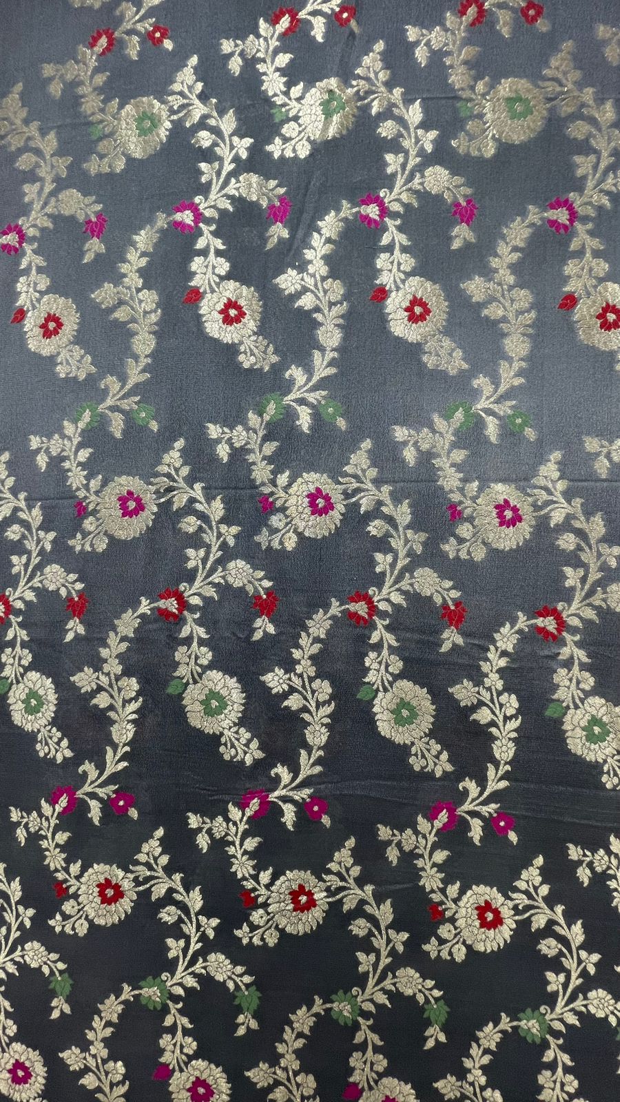 Faishana Presents Grey Khaddi Georgette Floral Minakari Zari Jaal with Contrast Red Banarasi Floral Jaal Pallu Zari Border and Green Blouse
