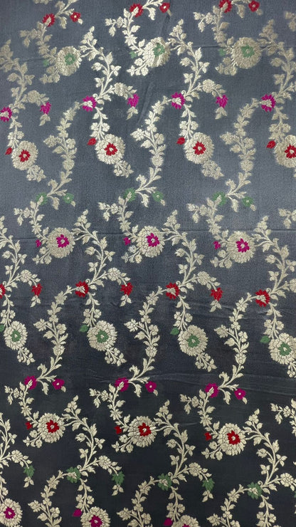 Faishana Presents Grey Khaddi Georgette Floral Minakari Zari Jaal with Contrast Red Banarasi Floral Jaal Pallu Zari Border and Green Blouse